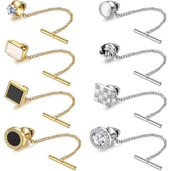 8 Pcs Tie Tacks for Men Tie Pins for Regular Ties Necktie 14K Gold Plated Mens - Picture 1 of 7